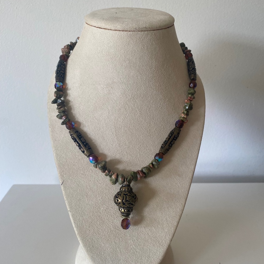 Chico's Unakite Gemstone Boho Pendent Necklace